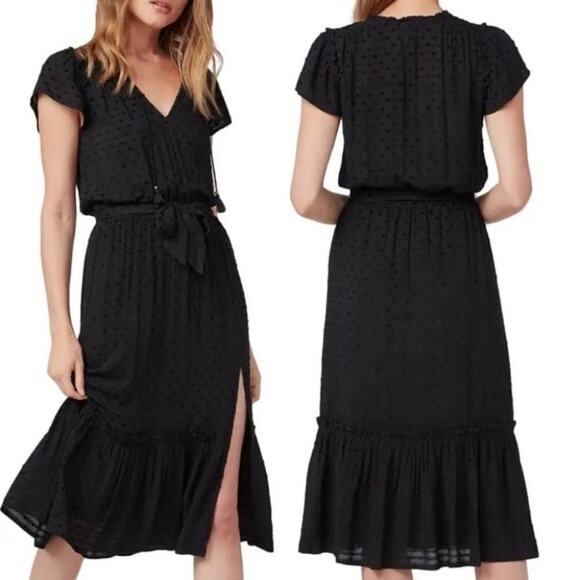 Paige Laramie Black Tie Waist Midi Dress Medium V-Neck Short Sleeve - Picture 1 of 8